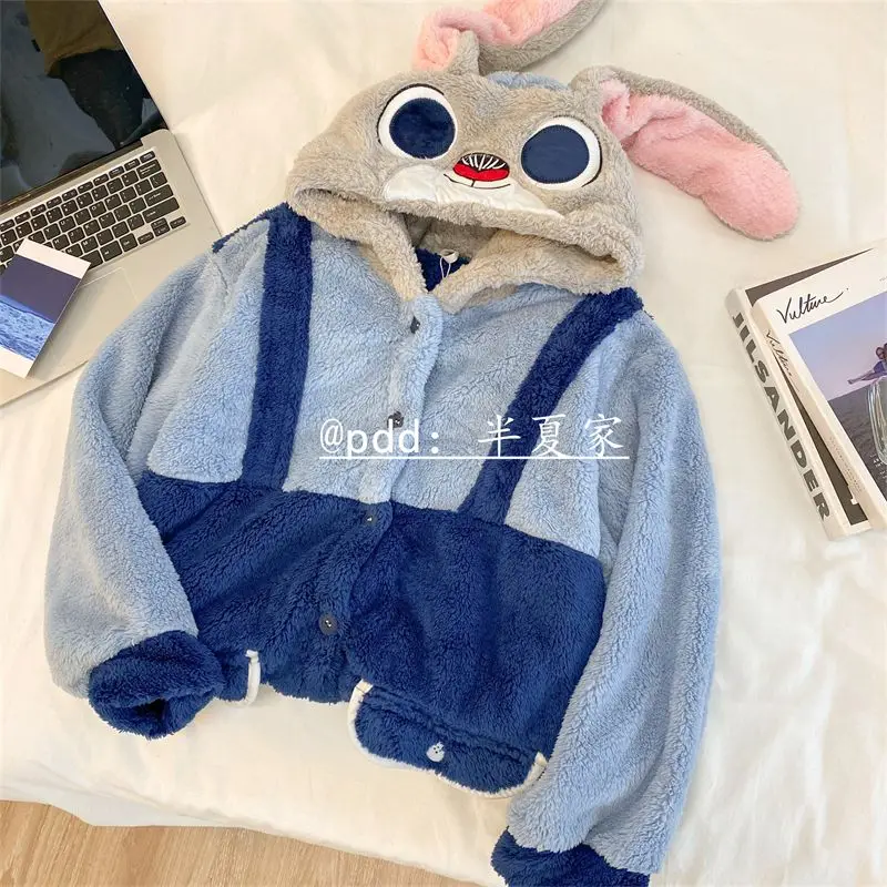 Anime Cartoon Sheriff Rabbit Thick Winter Plush Pajamas Home Clothes Student Leisure Wear Keep Warm Hooded Nightgown Loungewear