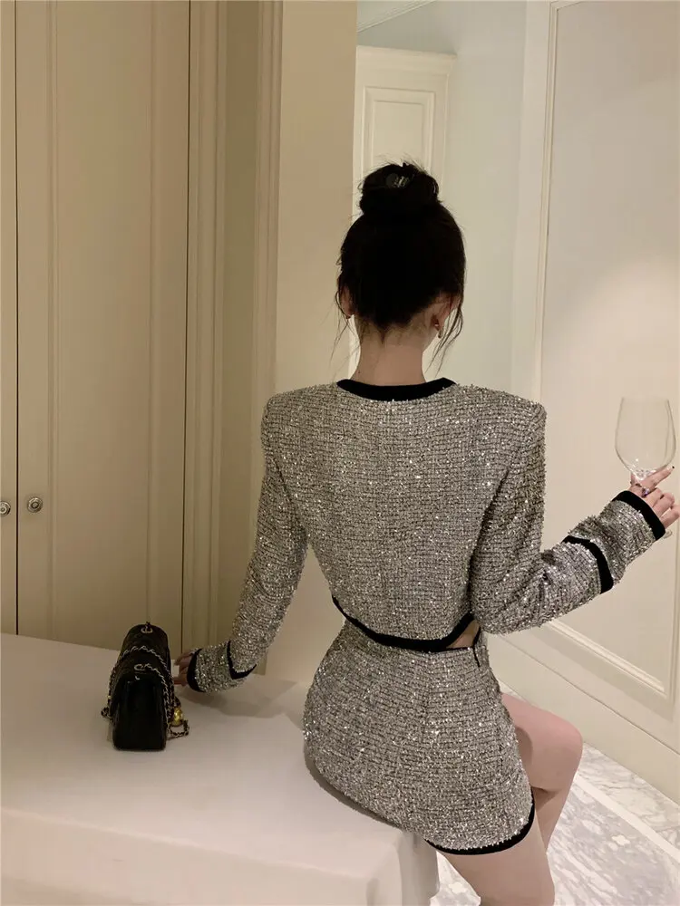 New Fashion Sexy Korea Silver Suit Women Autumn Y2k New High Quality Contrast Color Bow Jacket Coat + Skirt Street Two-Piece Set