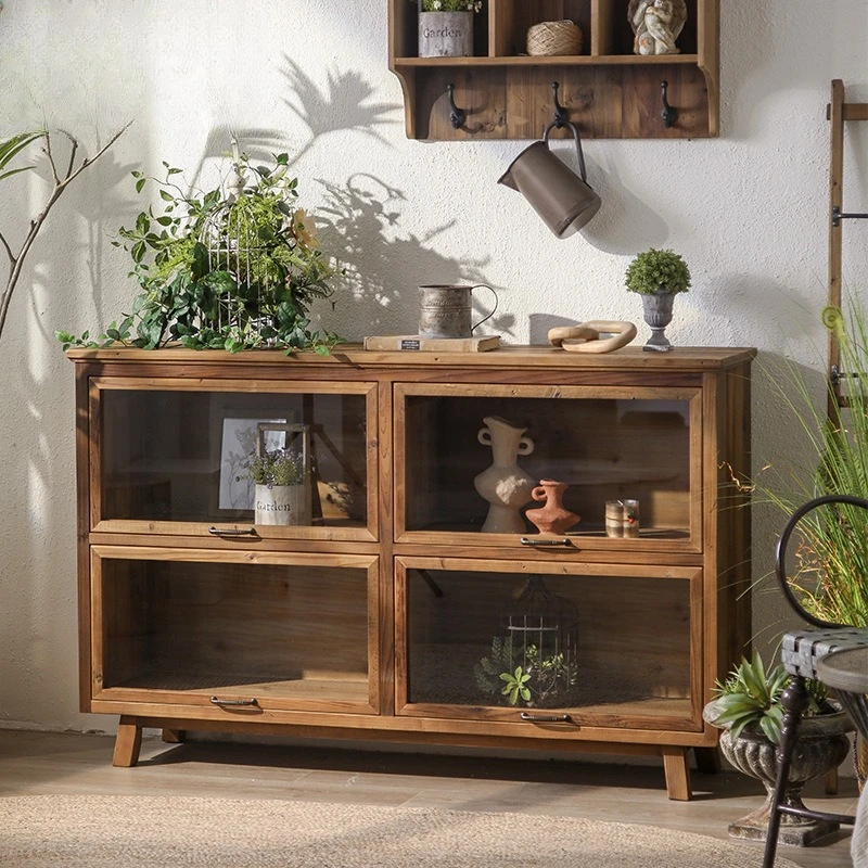 All solid wood log style retro dining side pull-up glass door lattice  room old storage cabinet