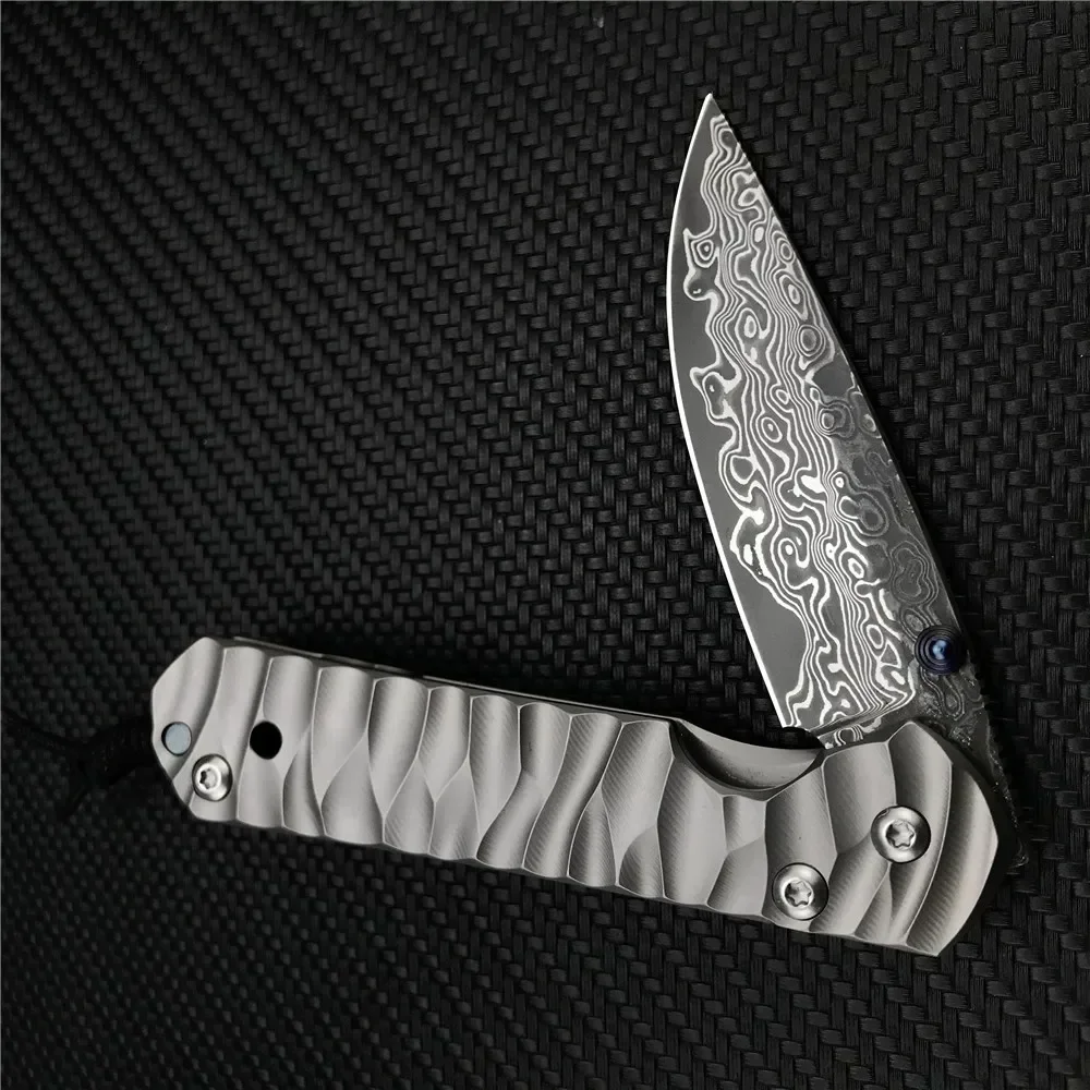 High Hardness CR Damascus/D2 Steel Folding Knife Titanium Alloy Handle Outdoor Portable Wilderness Tactics EDC Tools