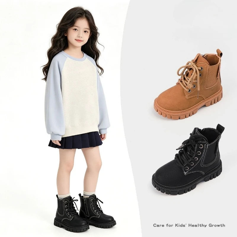 Mumoresip Children Retro Boots Spring Autumn Simple Non-slip Leather Boots for Boys Girls Thick Bottom Kids Ankle Short Boots
