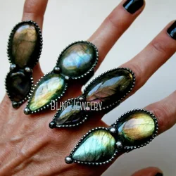 10pcs Y2K Double Labradorite Petal Teardrop Statement Designed Ring Witchcraft Wiccan Women Wicca Goth Steampunk Arcane Jewelry