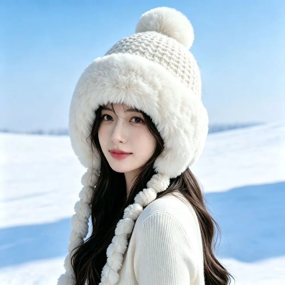 Fashion Thickened Beanie Cap Fleece Lined with Straps Knitted Hat Cold Protection Solid Color Ear Protection Hat Winter