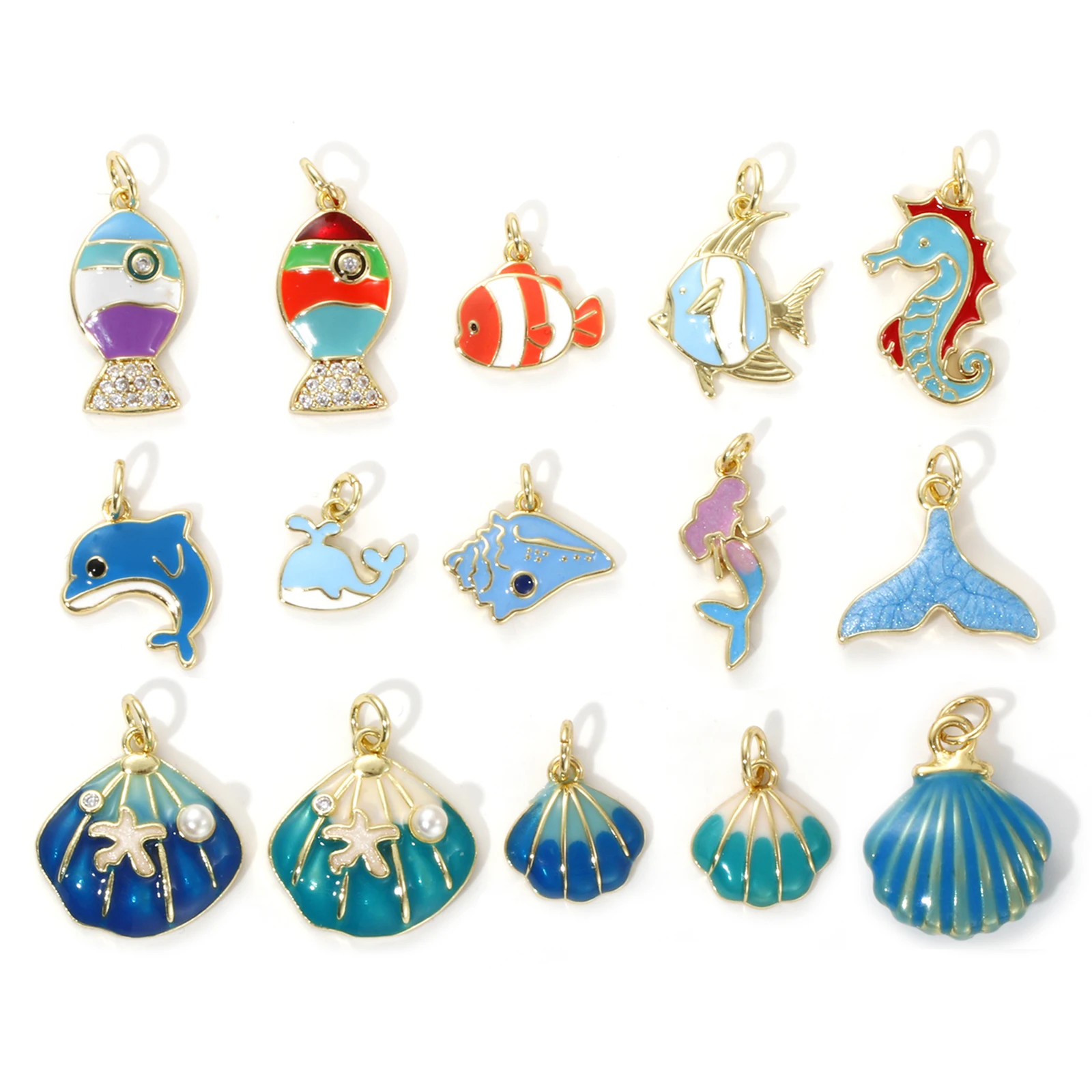 2 Piece Brass Ocean Jewelry Blue Charms 18K Real Gold Plated Enamel Fish Seahorse Dolphin Whale Conch Shell Pendant Necklace DIY