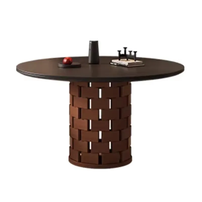 Modern luxury round black walnut dining table with removable sintered stone countertop, seating 8, suitable for villas and