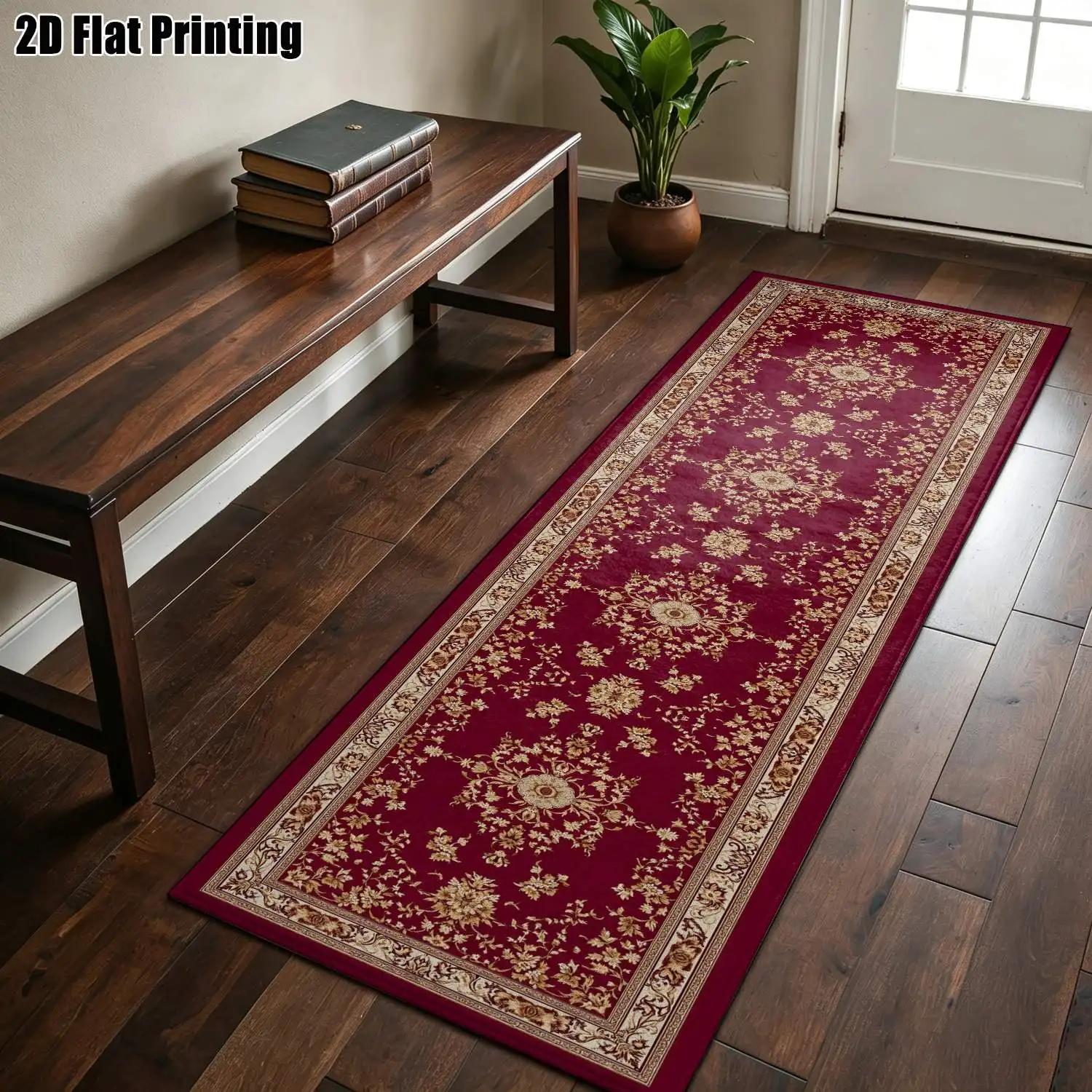 1Pc 2D Printed Long Strip Rug: Burgundy & Gold Floral, Vintage, Geometric Floral European-Style Rug, Home Decor, Multi-Size, Machine Washable, for Hallway, Entrance, Living Room, Bedroom