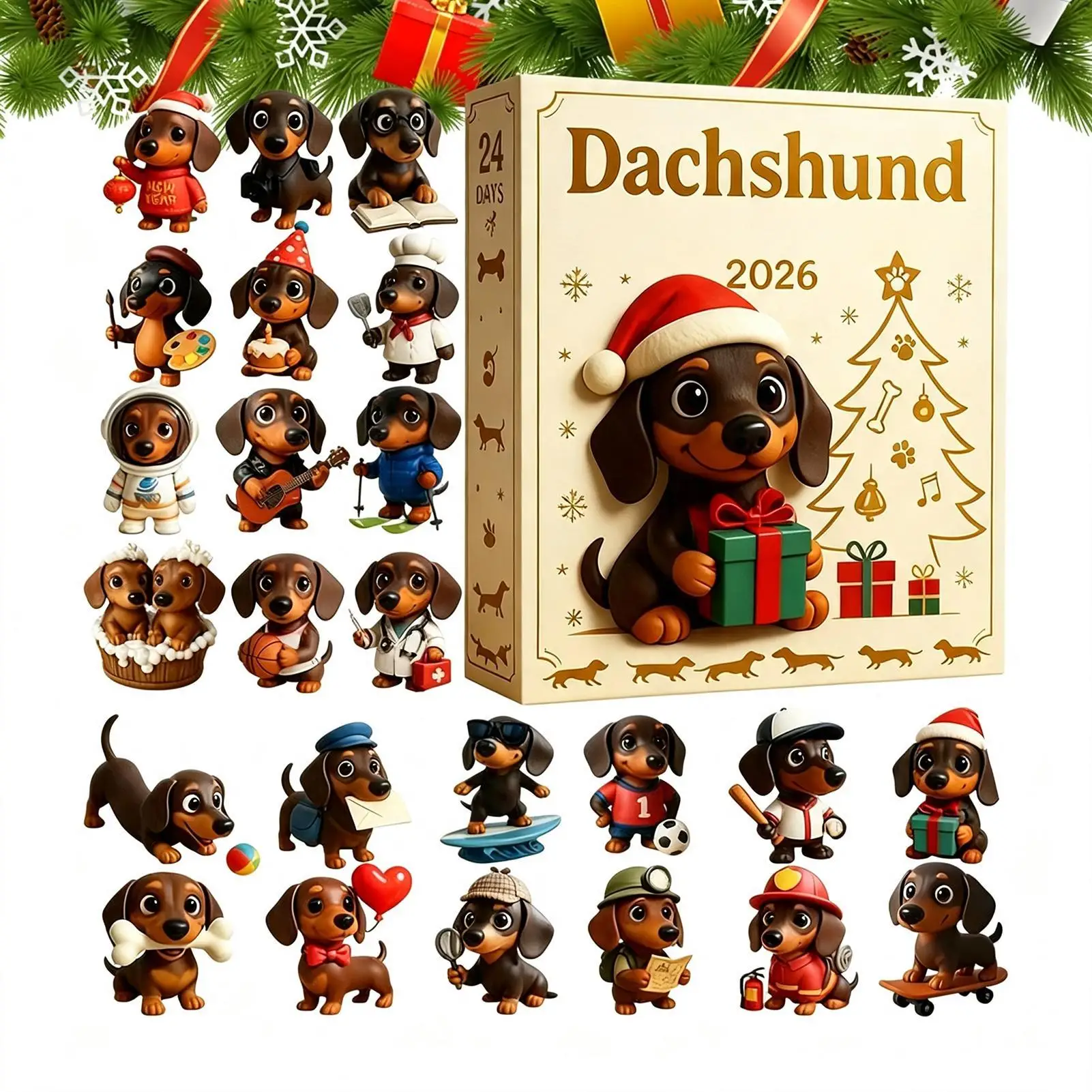 Dachshund Christmas Advent Calendar 2026 2D Acrylic Dog Pendants 24 Days Countdown Calendar Collectible Cute Animal Ornaments