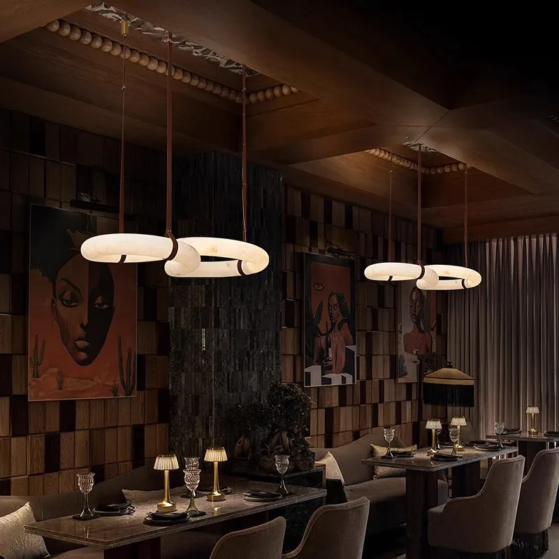 Hot Selling High-end Copper Leather Spanish Marble Chandelier Pendant Light Hotel Dining Room Luxury Hanging Alabaster Light