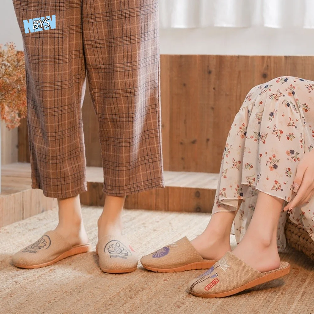 

Embroidery Linen Indoor Slippers Soft Bottom Non-Slip Lotus Flower Slippers Sweat Absorption Sandals Women Men Slippers Bedroom