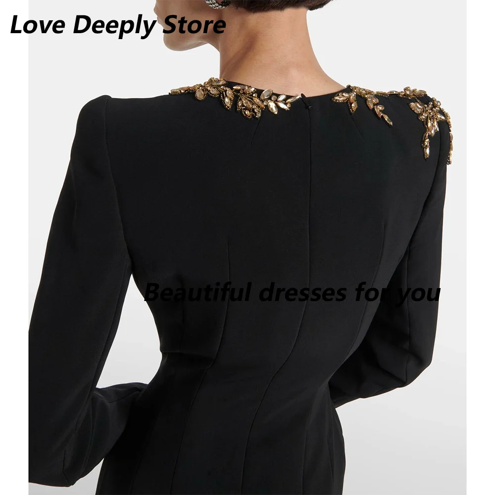 Black Evening Dress Long Sleeves Crystals O Neck Luxury Party Gowns for Women Trumpet Elegant Wedding Party Dress Customized