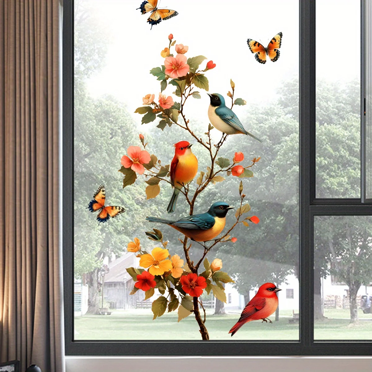 1 Piece of Pastoral Flower and Bird Window Sticker, Butterfly Floral Decoration Sticker, Self-Adhesive Glass Sticker, Bedroom and Living Room Wall Beautification Sticker