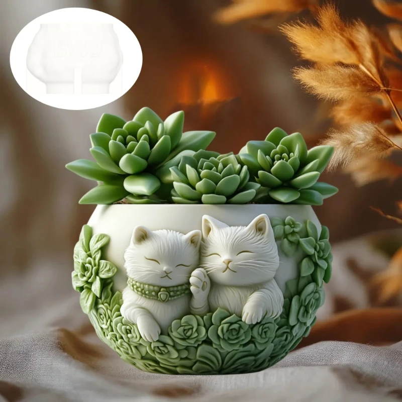 

Couple Cat Relief Succulent Plant Flower Pot Mold Resin Silicone for Concrete Gypsum Mother Cat Storage Box Ideal MotherDay Gift