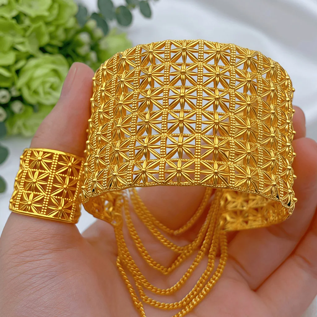 Indian Gold Color Tassel Bracelets Ring For Women Dubai African Hard Charm Bangles Wedding Arabic Hand Jewelry Party Gifts