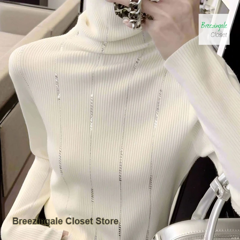 Korean high-necked rhinestone temperament sweater women's autumn and winter new fashion with bottoming sweater and slim top.
