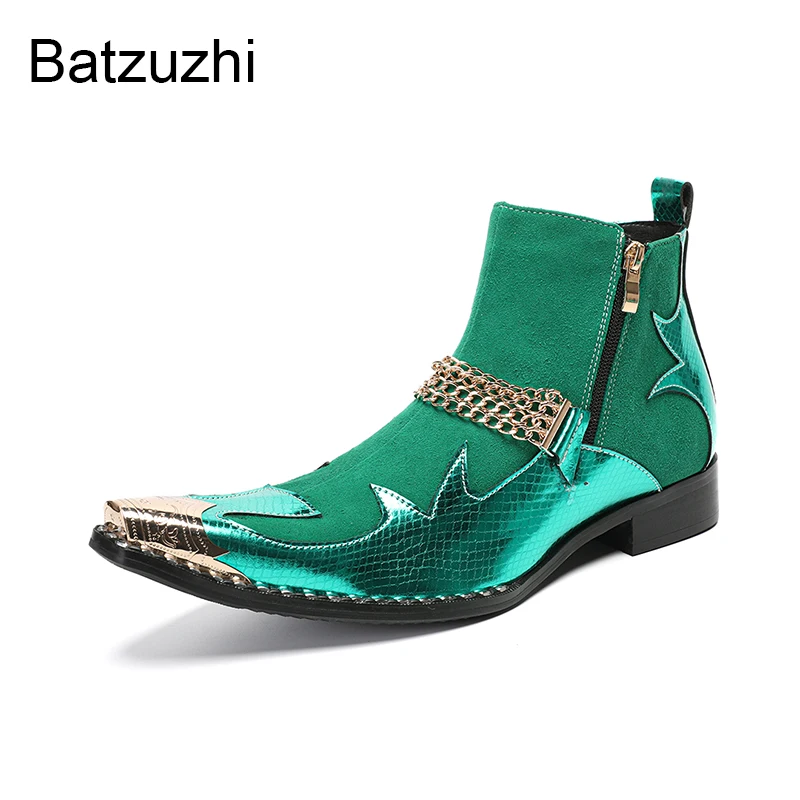 Batzuzhi New Arrival Men's Boots Green Genuine Leather Ankle Boots for Man Rock Low Heels Party and Wedding Shoes Male! US6-12