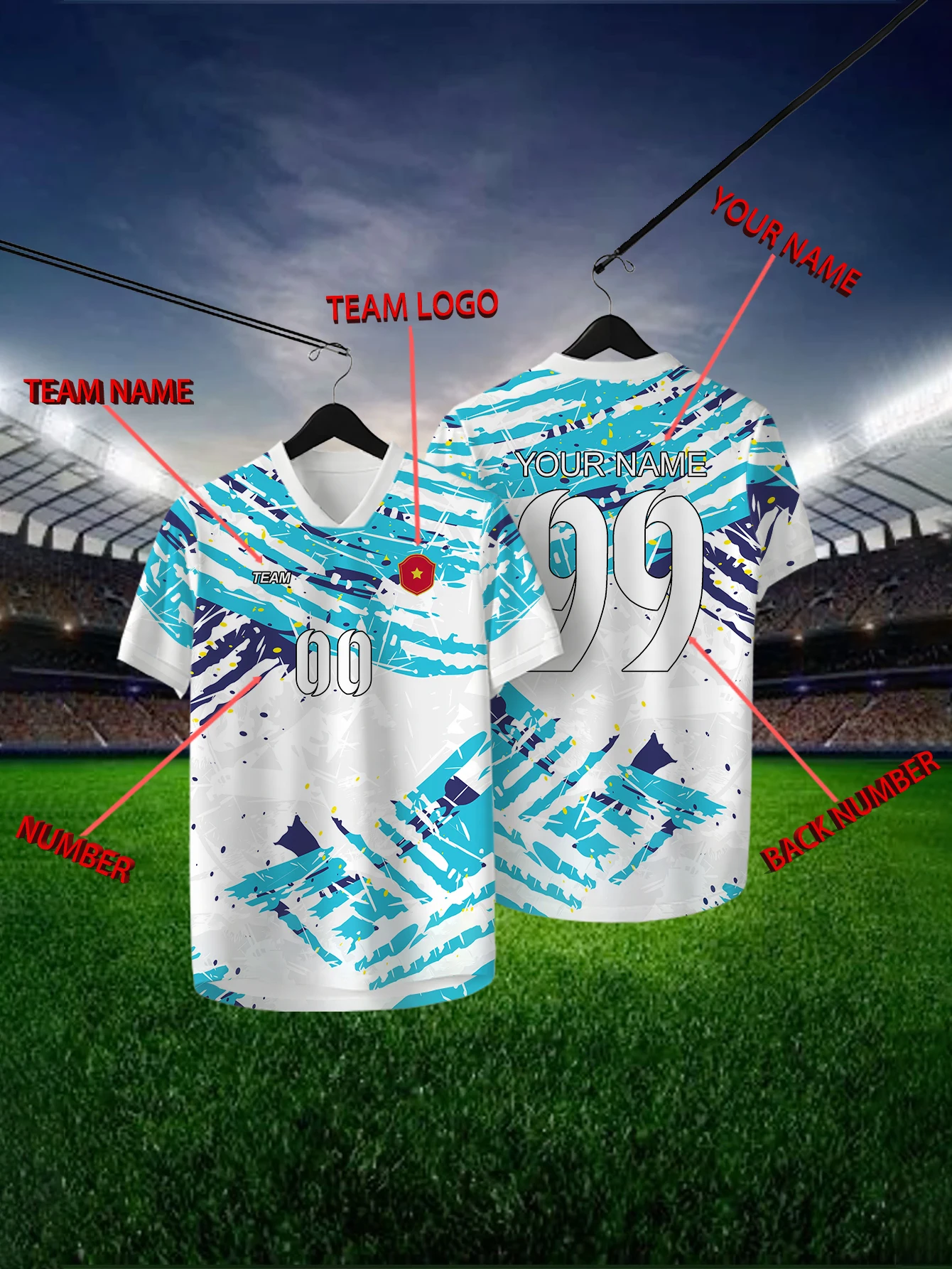 

Customized Geometric White Short Sleeved Shirt with Team Name, Emblem, Name and Number, Outdoor Sports Short Sleeved T-shirt