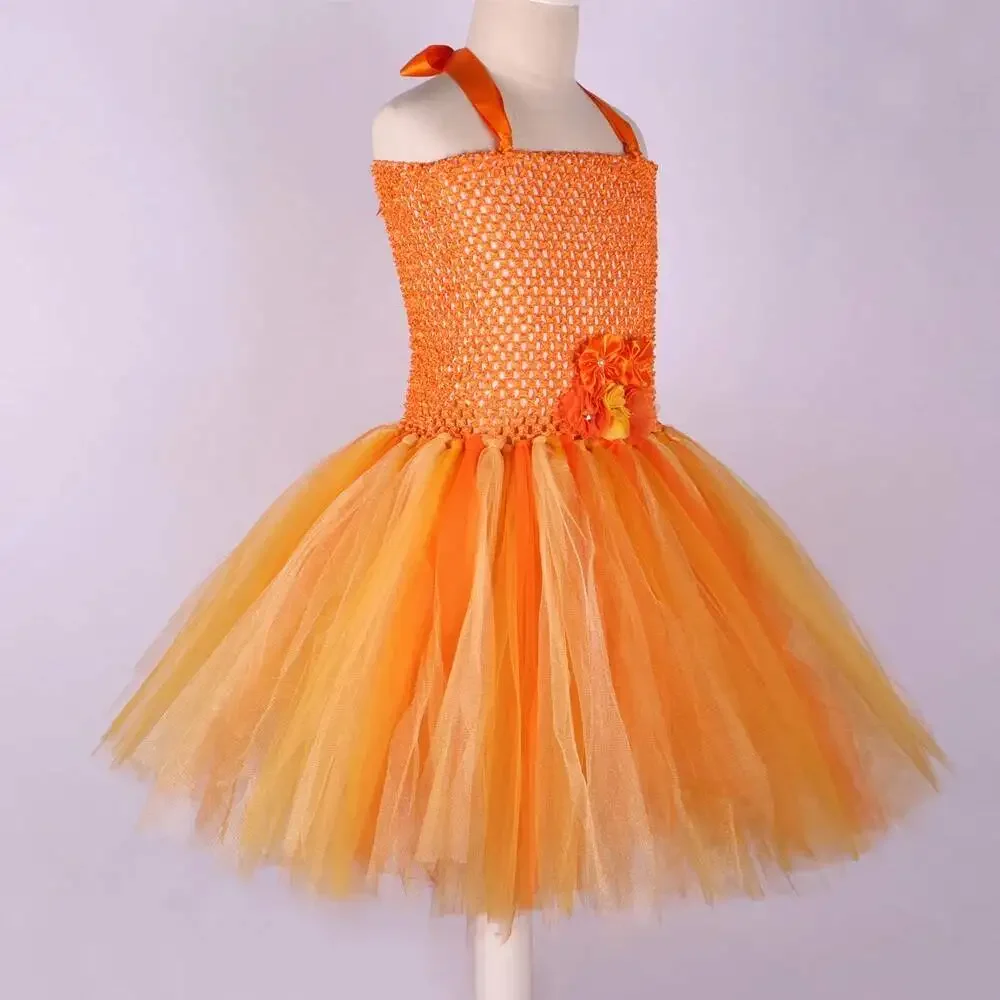 فساتين فتاة الزهور الذهبية البرتقالية للأطفال خريف الخريف أزياء الهالوين الأميرة اصطف تنورات قصيرة الأطفال ملابس حفلات أعياد الميلاد