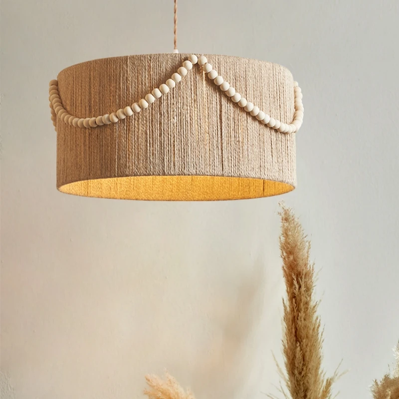 Boho Pendant Lamps Wabi Sabi Retro Wood Bead Fringe Lampshade Creative Bedroom Indoor Dining Room