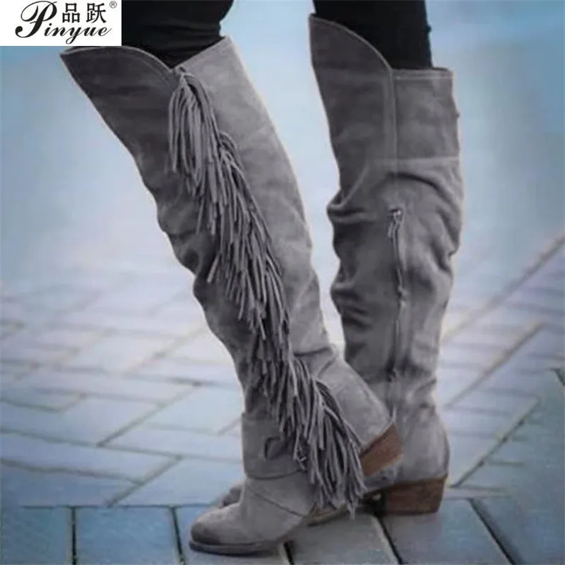 

Fashion Boho Women Knee High Boot Ethnic Tassel Fringe Faux Suede Female Leather Hight Boots Girl Flat Boots 34-43