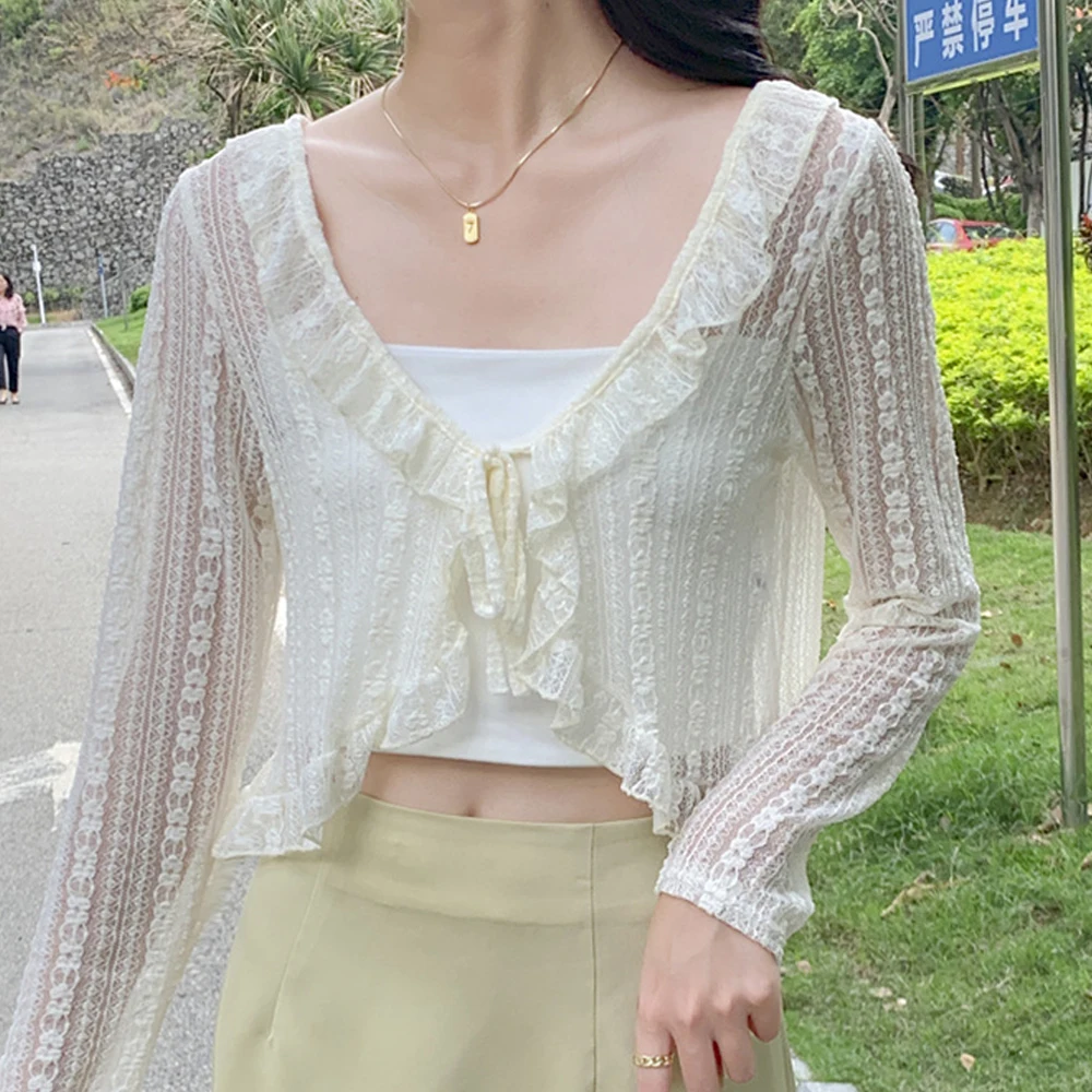 Vintage White Tie Up Summer Cardigan Women Sexy Long Sleeve Sheer Mesh Crop Tops Woman Chic Short Printed Tops All Match Mujer