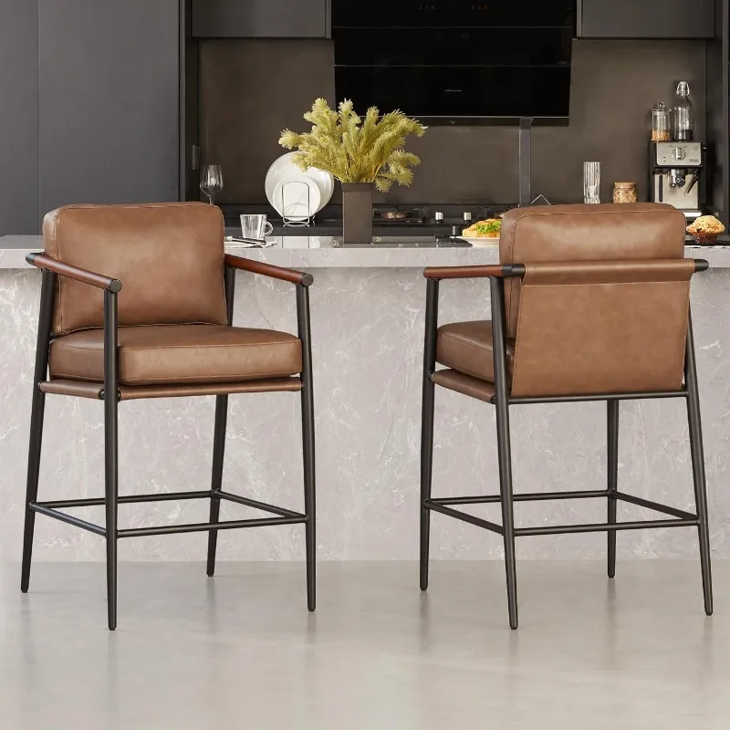 

Mid Century Modern Barstools Set of 2 26" H Upholstered Counter Height Bar Stools with Wood Armrests and Metal Legs Brown