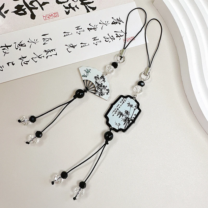 New Chinese Style Ink Calligraphy Butterfly Fan Pendants Mobile Phone Chain Anti Lost Lanyard Vintage Keychain Bag Pendant Gifts