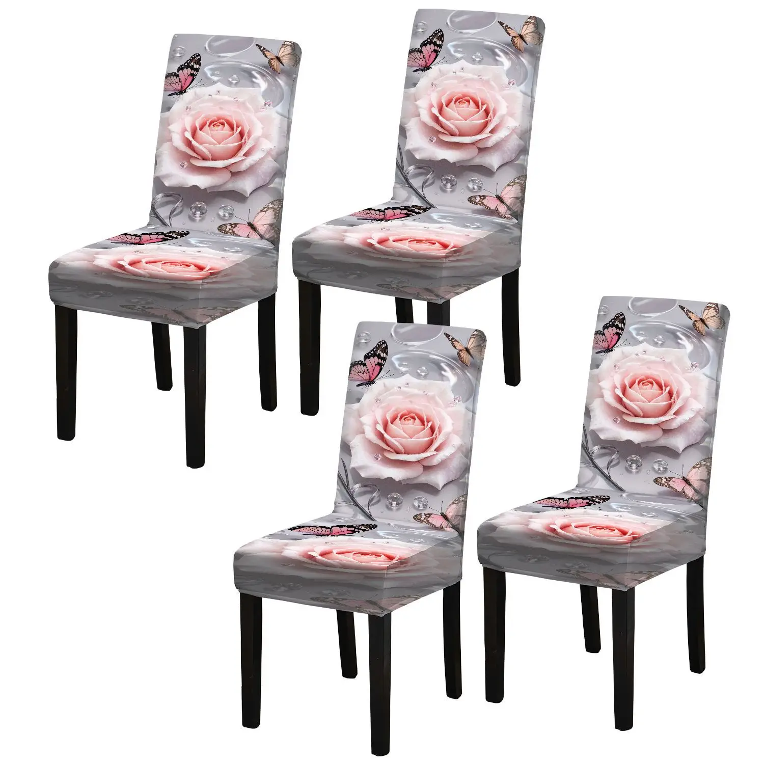 Stretch Dining Chair Cover Dream Pink Roses and Butterflies Romantic Scene Removable, Washable, Home Dining Chair Cover