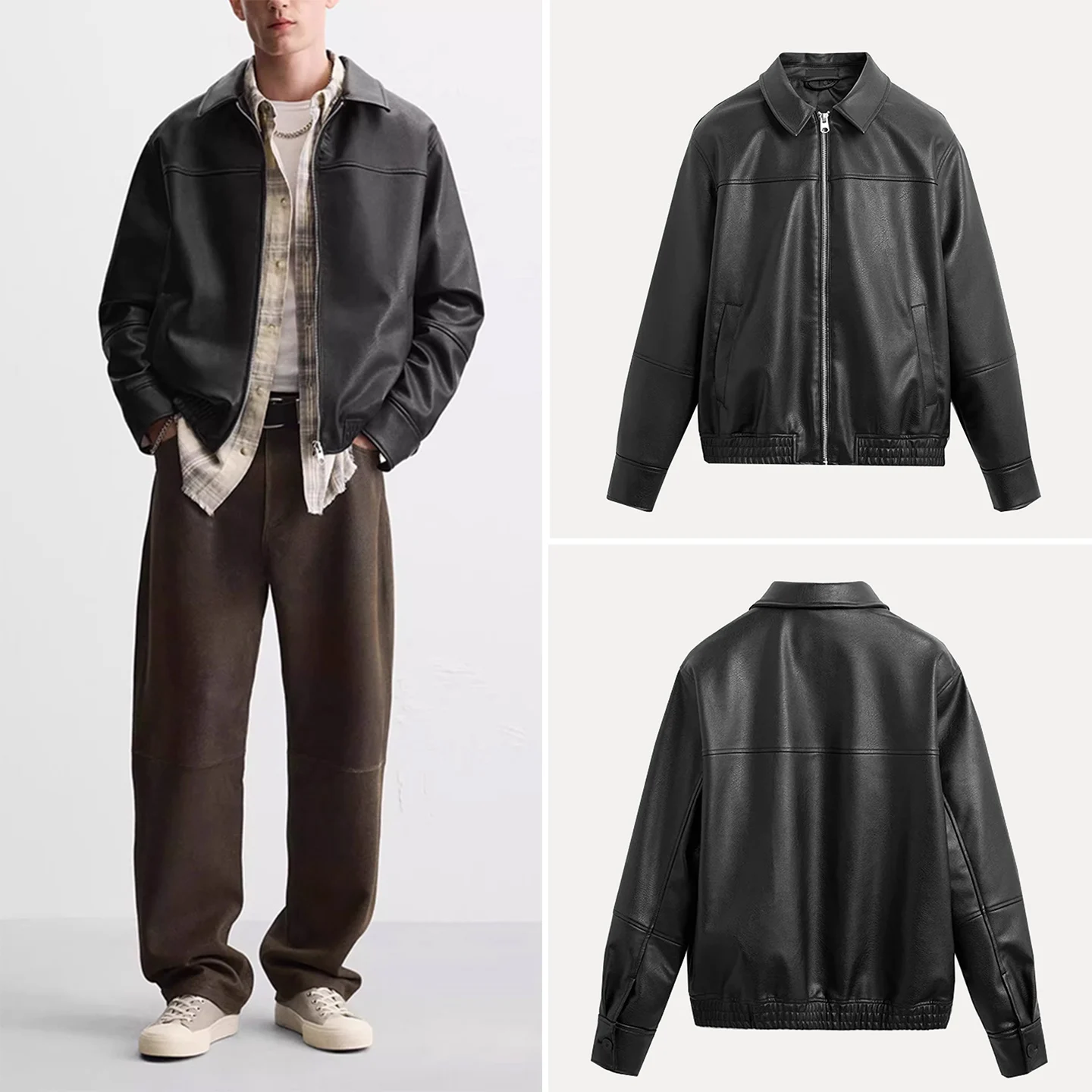 

Faionable Свободный крой Кожаное мужское кожаное пальто с воротником-молнией Молодежное длинное светящееся осеннее новое поступление Z Бренд