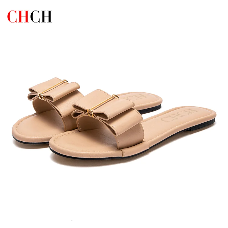 CHCH Women's Flat Shoes New Summer Bow Casual Slippers Black Commuting Women's Shoes
