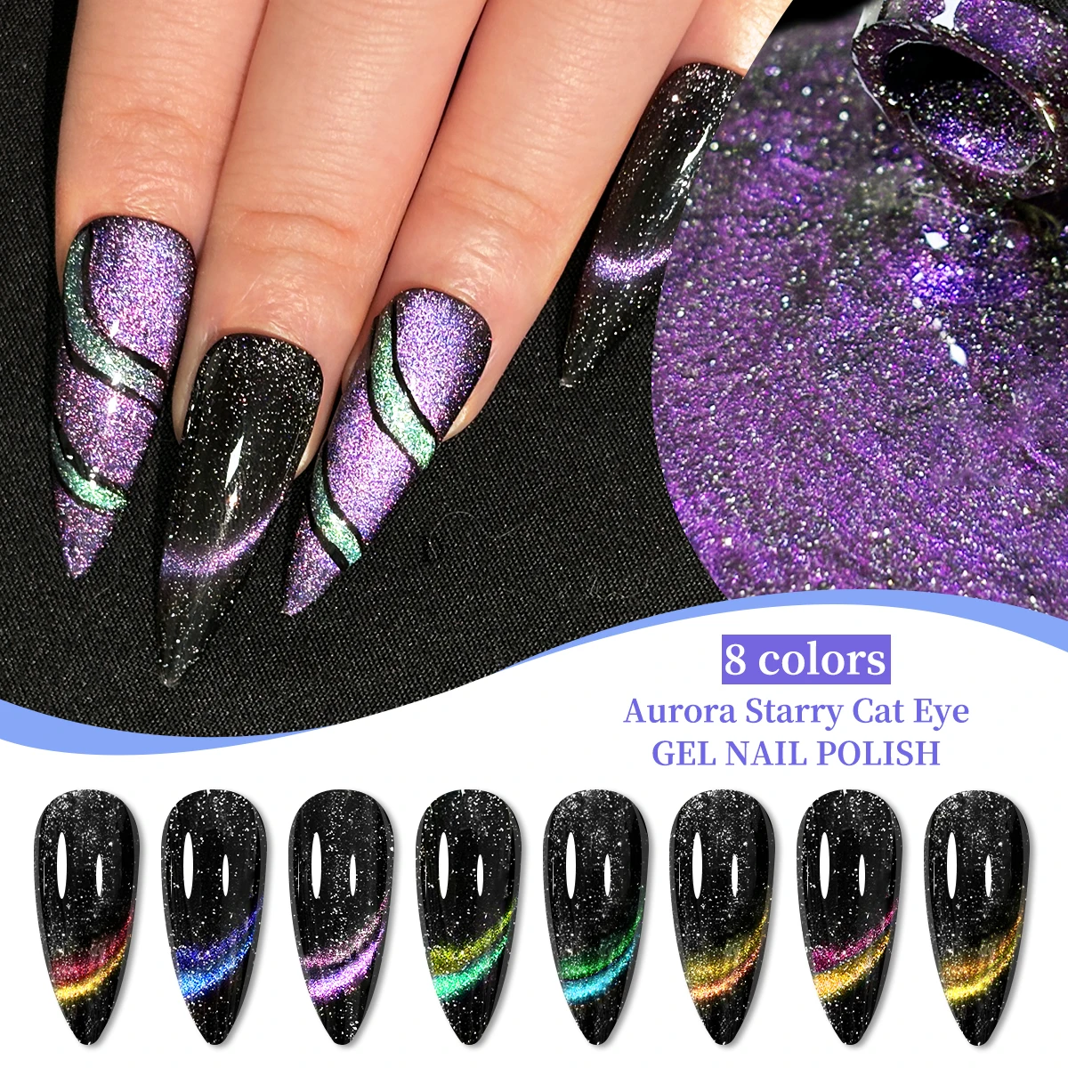 مجموعة طلاء أظافر جل عين القطة، تأثير الحرباء، أسود، أرجواني، ولمعان فضي، تصميم جالاكسي السحري، تتضمن معطفًا أساسيًا، علويًا #5
