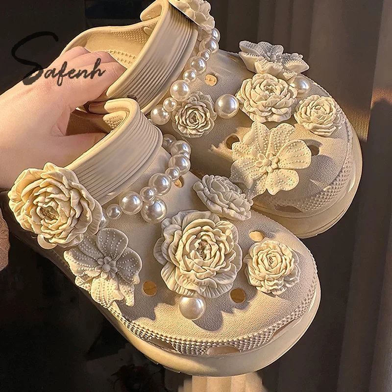 8/17Pcs Fashion Holes Shoe Charms Buckle Accessories Summer Advanced Bouquet Pearl Chain DIY 3D Flowers Shoes Decorations