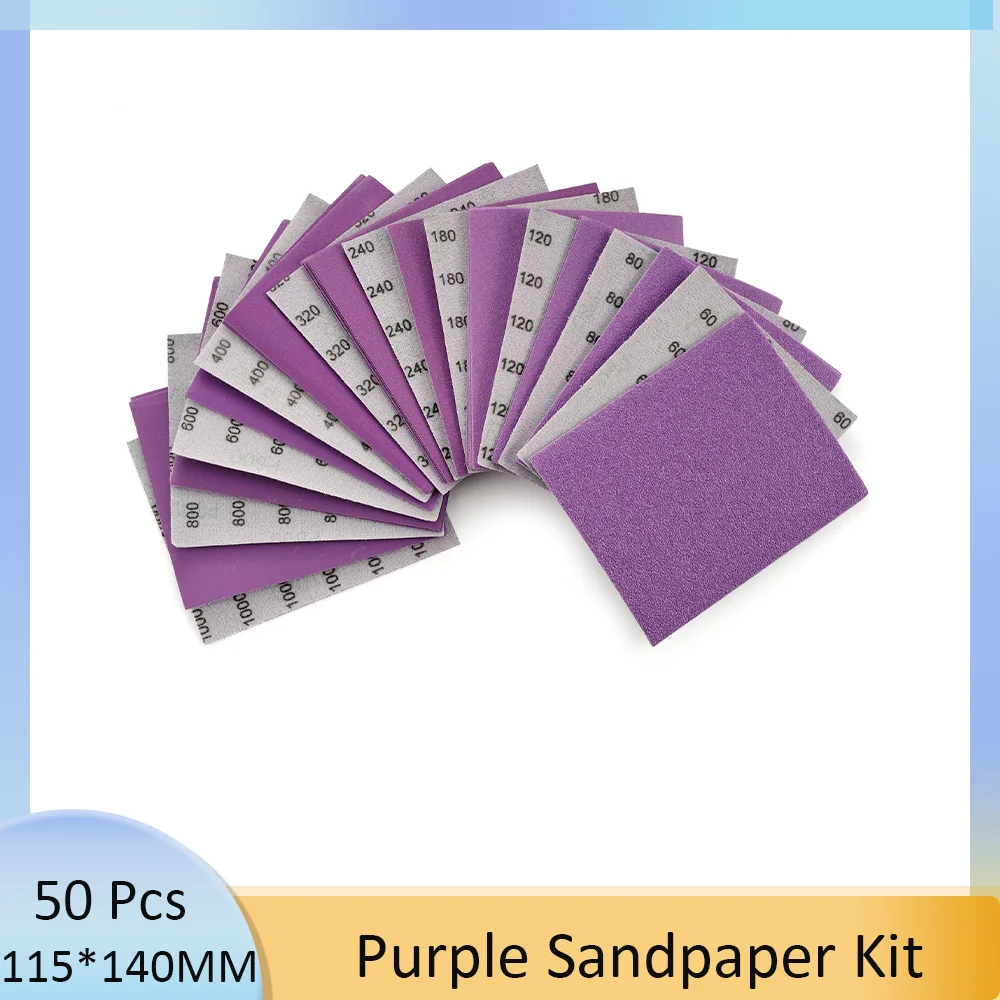 115*140 MM Purple Wet Dry Sandpaper Sheets 50 Pcs for Palm Sander 60-1000 Grit Hook and Loop Sandpaper Sanding Sheets Bundle