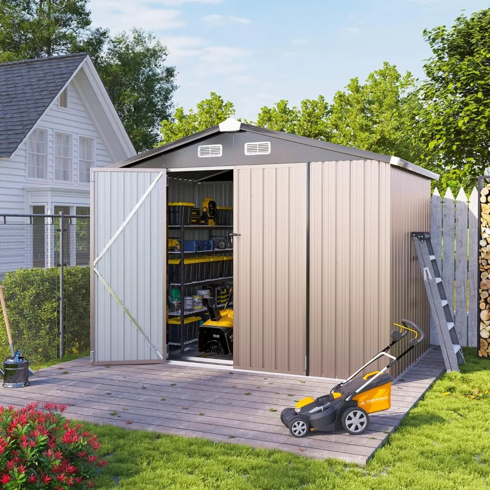 

8 x 5.6ft Outdoor Storage Shed with Base, Outdoor Tool Storage Shed,Outside Lawn Mower Storage, Garden Metal Shed for Bike,Sheds