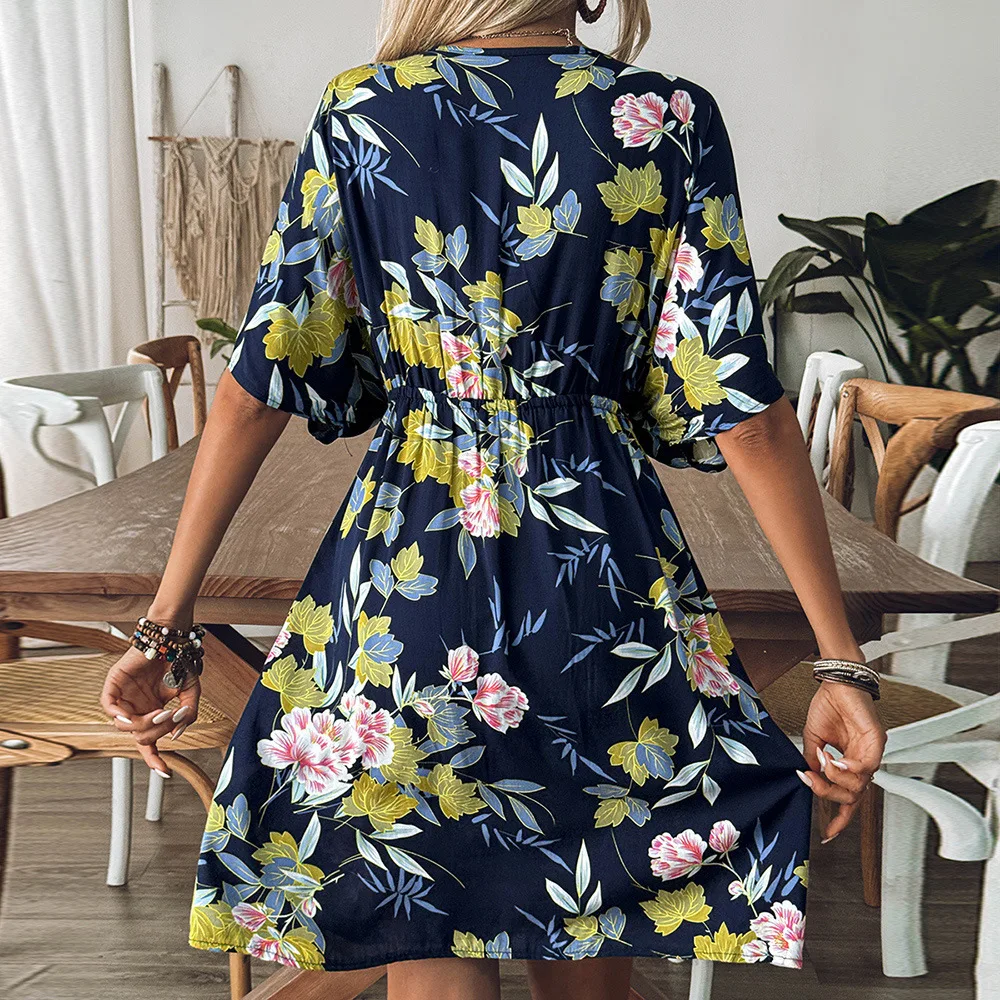 ผู้หญิงดอกไม้สีฟ้า V คอสั้นแขนสั้นโครเชต์ Beach Smock ฤดูร้อนเอวสูง Hollowed Out Holiday Midi ชุด Bohemian Chic