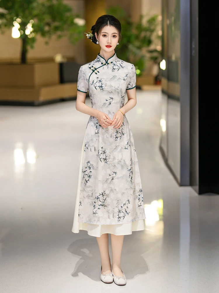 

Новое женское миди-платье ципао для невысоких женщин, с дизайном «Водяной знак» и бамбуковым узором, дышащее, с коротким рукавом, для повседневной носки, в китайском стиле.