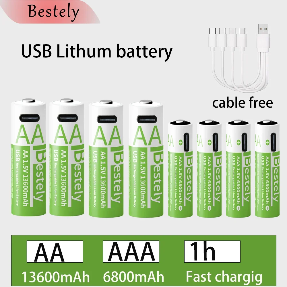 New 1.5V AA 13600mAh+AAA 6800mAh Lithium rechargeable Battery,USB Fast Charging Li-ion Battery , 2000 Cycles with USB- C Cable