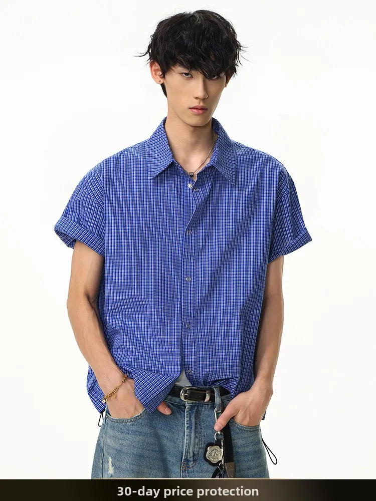 

Ретро-японская летняя рубашка с коротким рукавом, свободного кроя, с декоративной тесьмой, в стиле пэчворк, с цветными блоками, синяя в клетку, из хлопка, молодежная