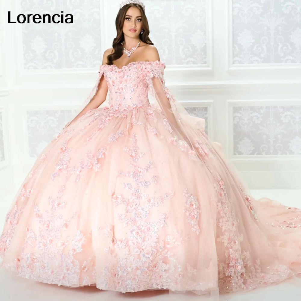 Lorencia ชุดเดรสแวววาวสีม่วงชุดไปงานเต้นรำลูกไม้ applique ลูกปัดกับเคปรัดตัวหวาน16 vestidos de 15 años YQD979