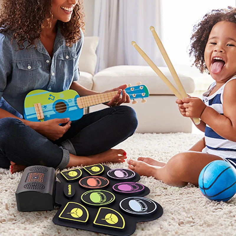 مجموعة طبول إلكترونية محمولة ملونة قابلة للطي ملفوفة يدويًا براميل MIDI بلوتوث مع دواسات أفخاذ للمبتدئين في الممارسة #4