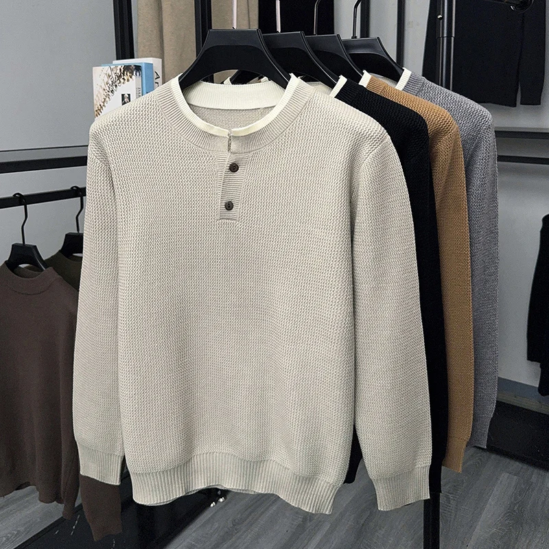 

Мужской свитер осень - зима 2025 Новый модный чистый двухслойный круглый воротник дизайн корейский молодежный рекреационный теплый трикотажный свитер