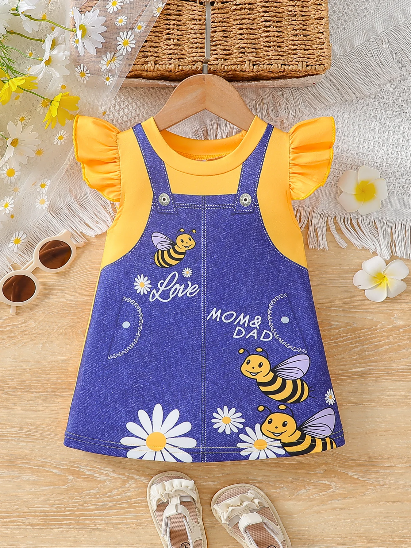 Baby Girl Cute Summer One piece Fake Two piece Strap Cartoon Bee Flower Imitation Cowboy Dress