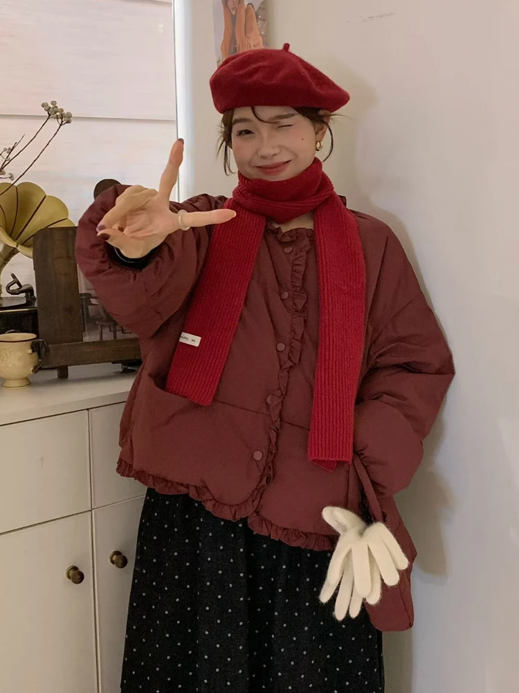 

Sweet Ruffle Design down Jaet Women's Loose ort round Ne White Du Feather Padded Coat Sli Korean Sle Winter Out...