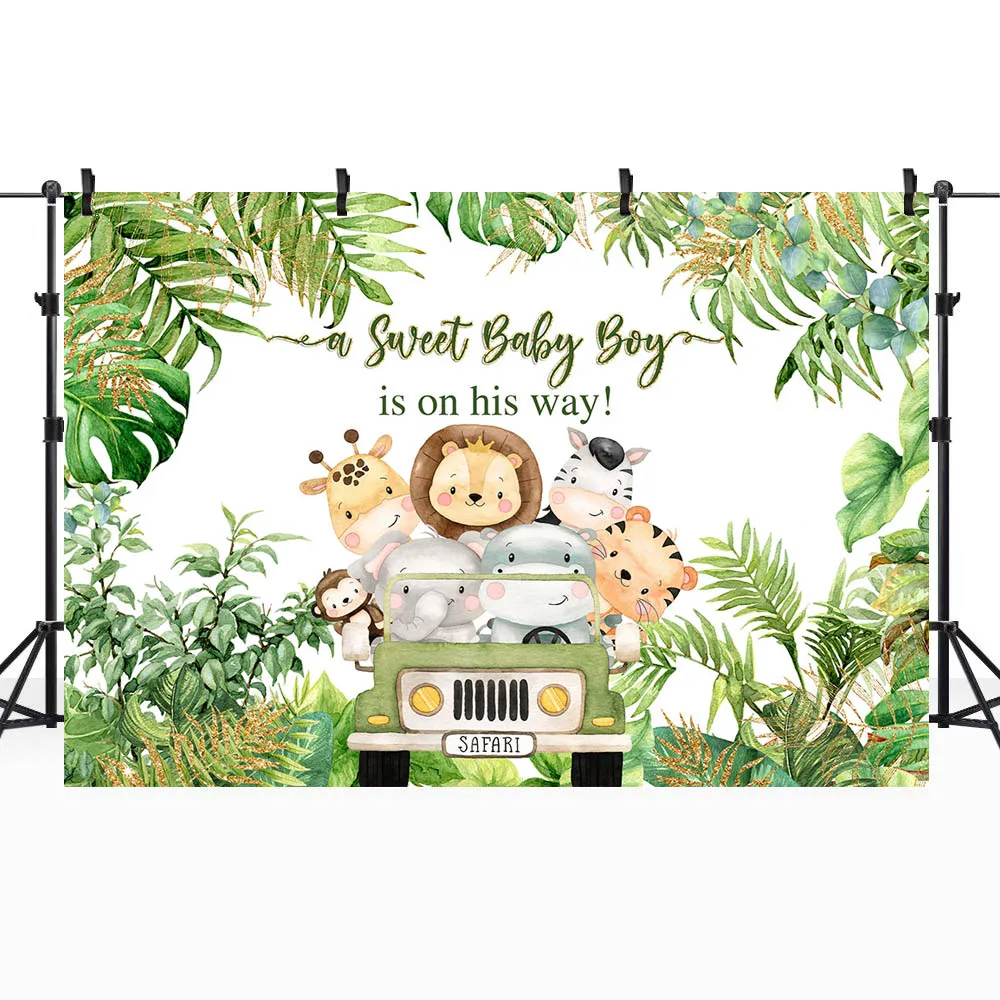 Mocsicka Jungle Baby Shower Backdrop a Sweet Baby Boy is on His Way Forest Leaves Animal Photo Background Studio Photocall Props