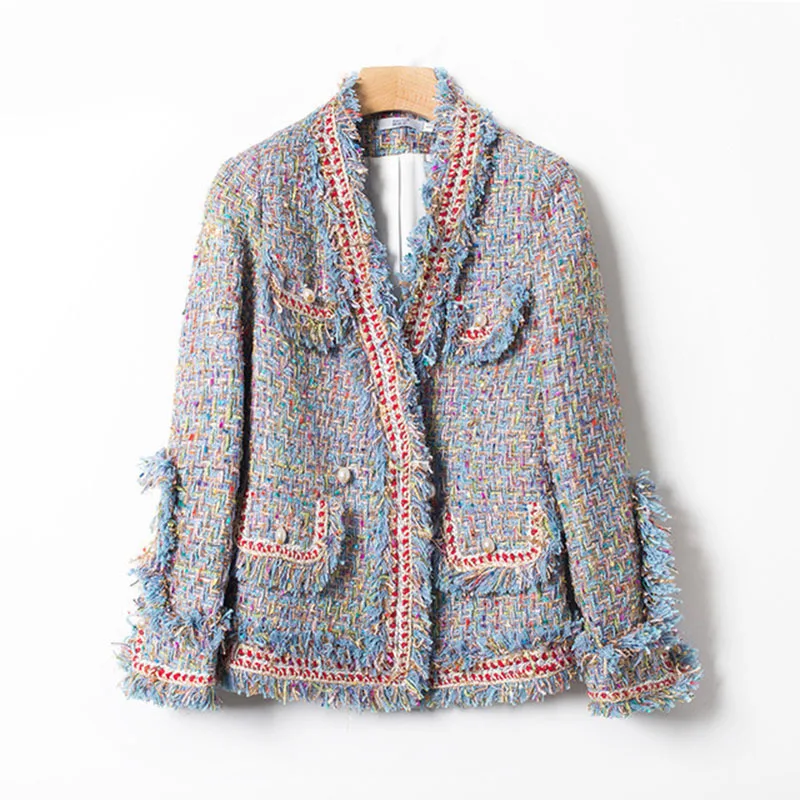 

Women Single-breasted Vintage Tweed Woolen Jacket Coat Tassel Short Jackets Outerwear High Quality Spring Autumn Coat