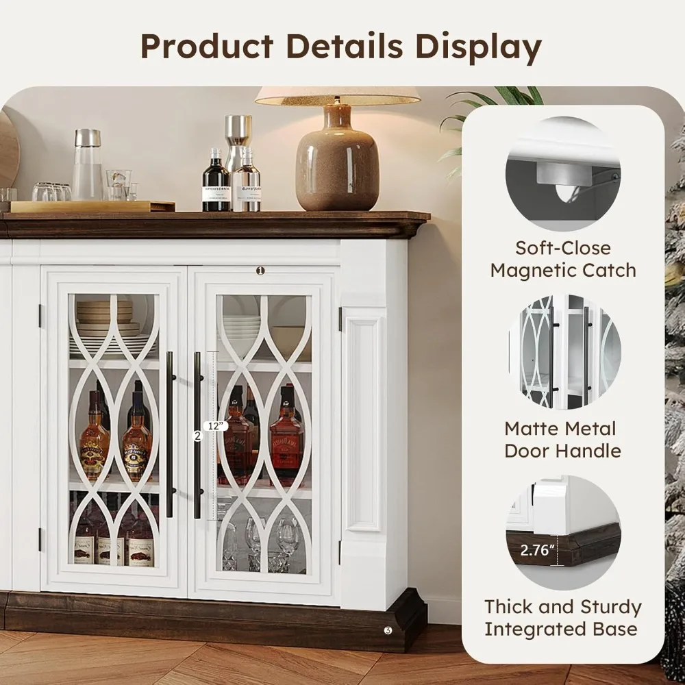 Aparador Buffet de granja con 4 puertas de vidrio, gabinete de almacenamiento para cafetería, vino, mesa de Buffet con estantes ajustables