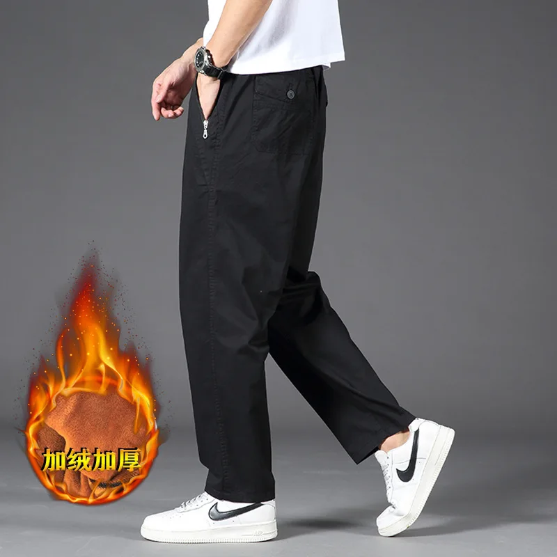 Mens Cargo Cotton Pants Men Pocket Loose Straight Pants Plus Size 6xl 130KG Autumn Winter Pockets Thicken Fleece Outdoor Pants