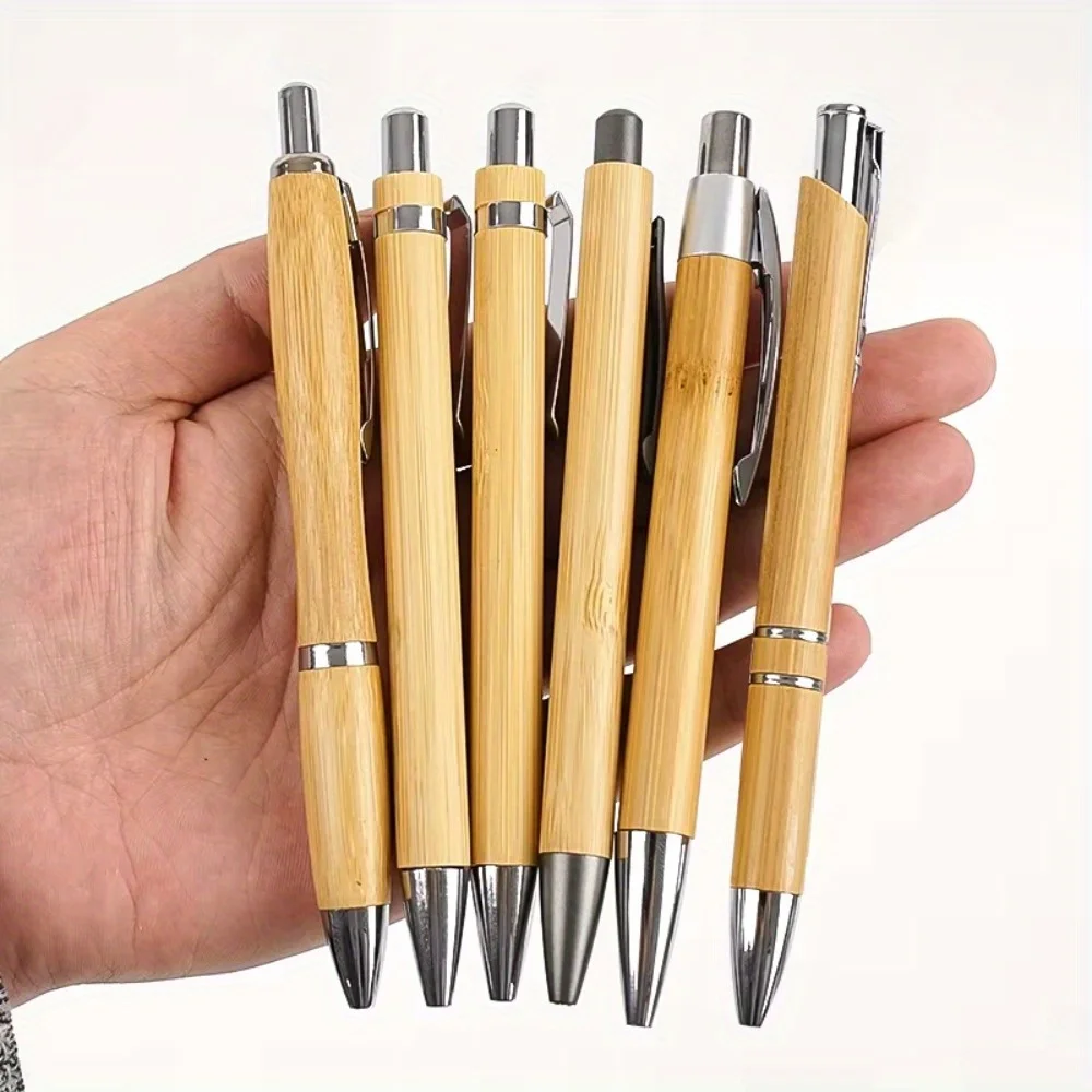 6Pcs High Quality Bamboo Ballpoint Pens 1MM Nib Black Ink Retractable for Office School Writing Smooth Refillable