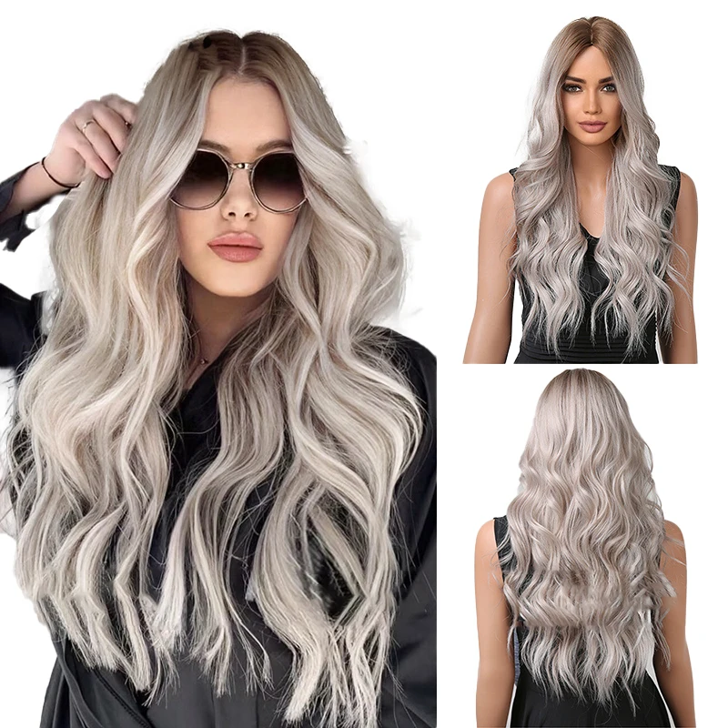 

A 26-Inch Full-Length Synthetic Wig With Long Wavy Hair Is Fashionable And Has A Gradient Grey And White Color, Suitable For Wom