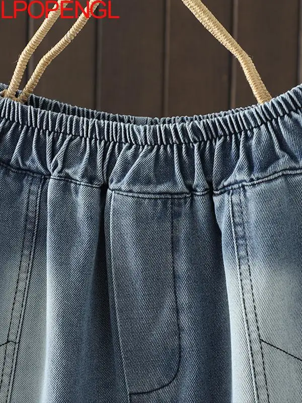 ปักกางเกงยีนส์ผู้หญิง 2025 ฤดูใบไม้ผลิ/ฤดูร้อนใหม่หลวมกางเกงขาตรงRetroวรรณกรรมเอวสูงStreetwear Haremกางเกงยีนส์