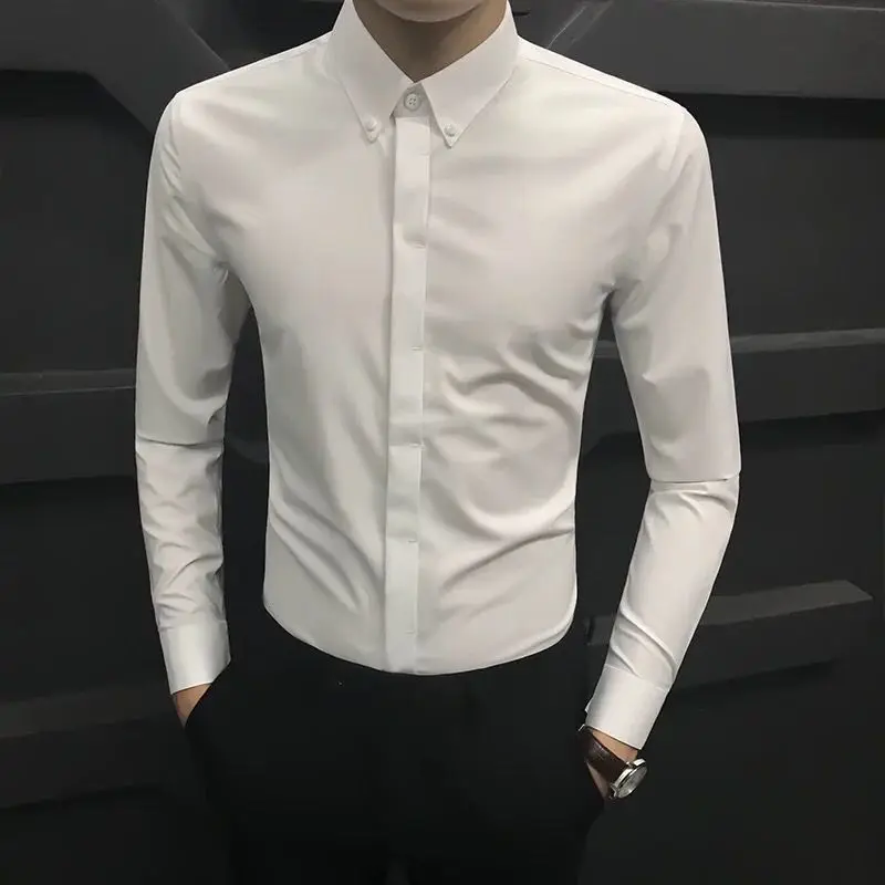 2023 primavera e autunno edizione coreana colletto Polo pannello pulsante Business Casual Slim Fit Non stirare camicia con bottoni nascosti da uomo